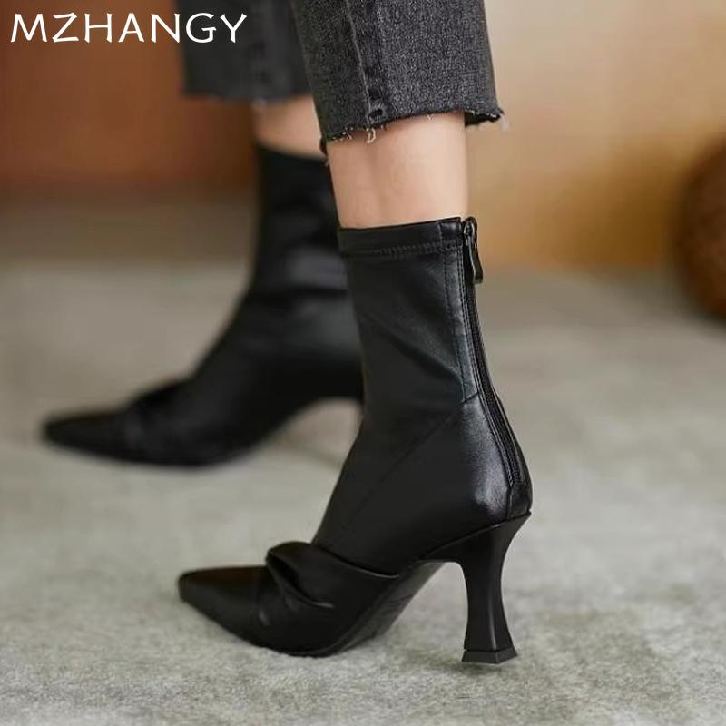 Fashion High Heels Women Ankle Boots Leather Shoes Designer Sexy Pointed Toe Shoes Women 2024 Trend Snow Boots Pumps Elegant Mujer Botas