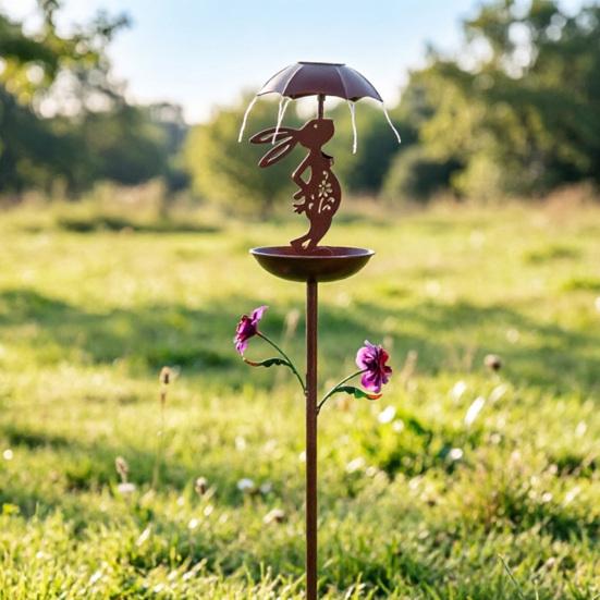 Bird Feeder with Solar Light Outdoor Decorative Garden Decor Wrought Iron Rabbit Holding Umbrella Anti-Rust Bird Feeder Stake for Yard Lawn Patio