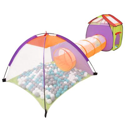 Selonis 3in1 Play Tent with Tunnel Playground Ball Pit with 100 Balls for Kids, Multicolour:grey/white/turquoise