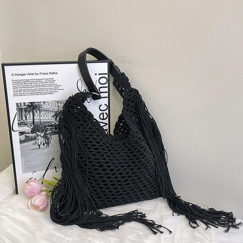 Yogodlns Fashion Long Tassel Shoulder Bag Thread Woven Women's Bag New Hollowed Out Handbag Summer Beach Vacation Bag