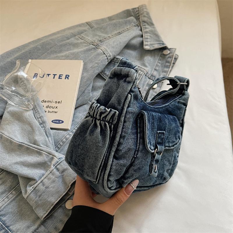 Borsa a tracolla in denim da donna, alla moda, per tutti i giorni, con tasca frontale, stile casual, borsa a mano