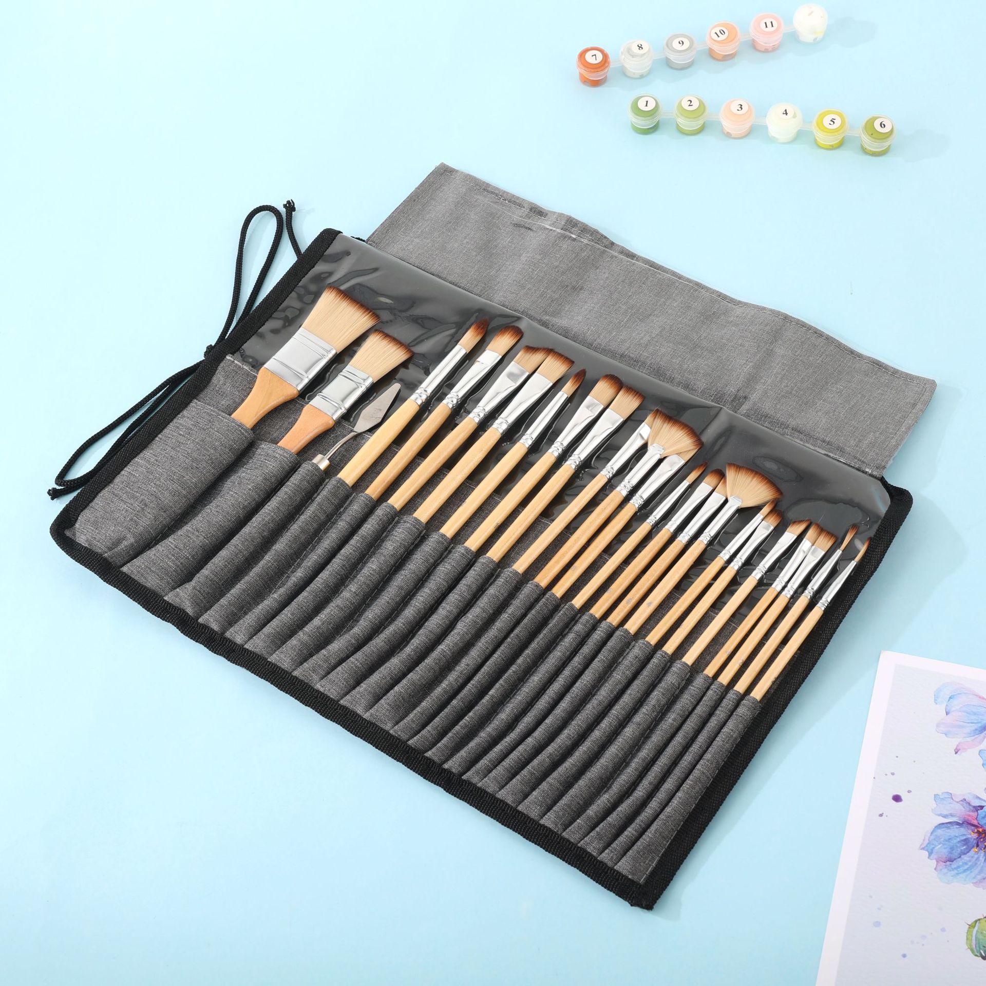24-Piece Watercolor & Acrylic Paint Brush Set with Canvas Pen Case - Nylon Bristles & Fan Brushes Included