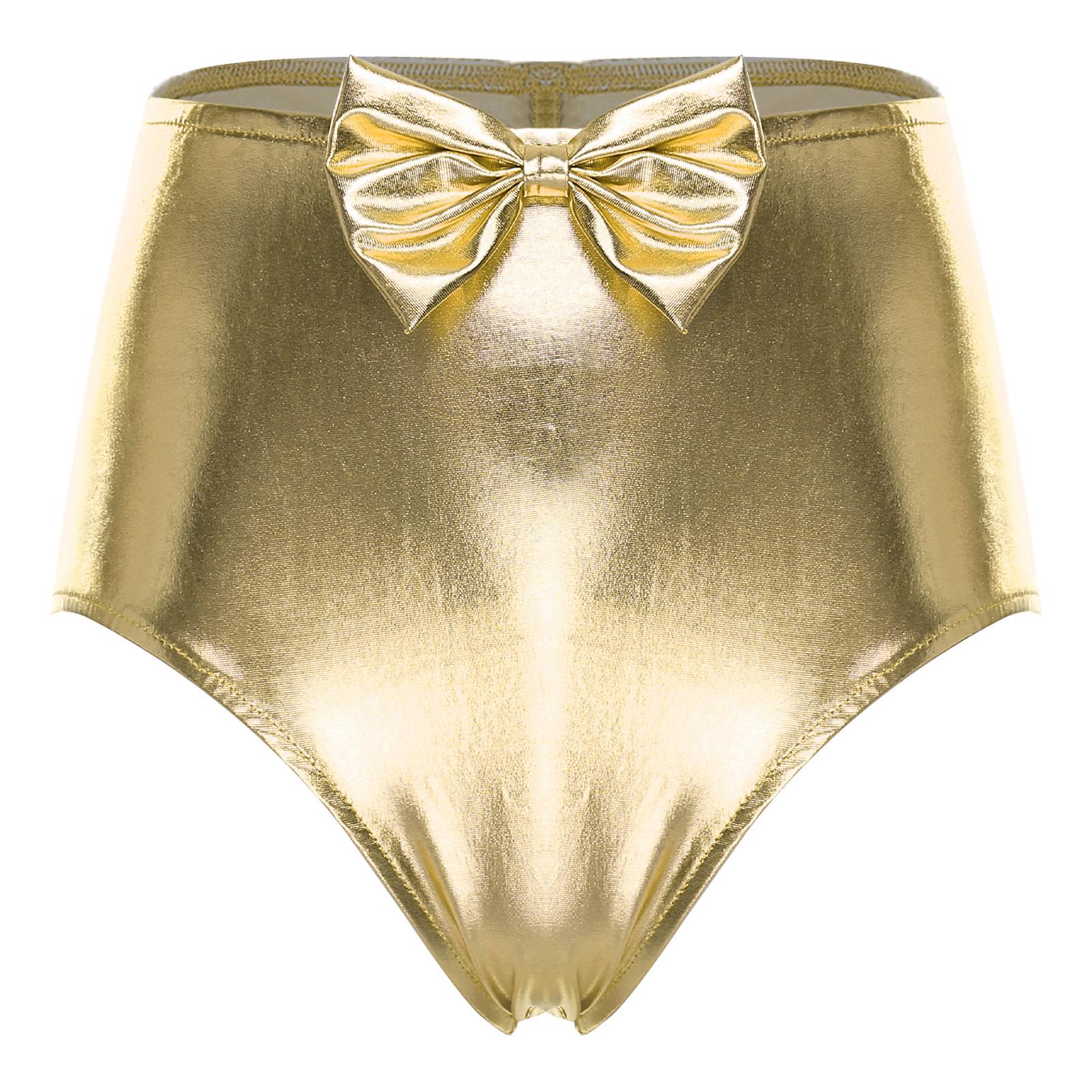 

Womens Iridescent Metallic Hot Pants Front Bow Back Ruched High Waist Booty Shorts M золотий