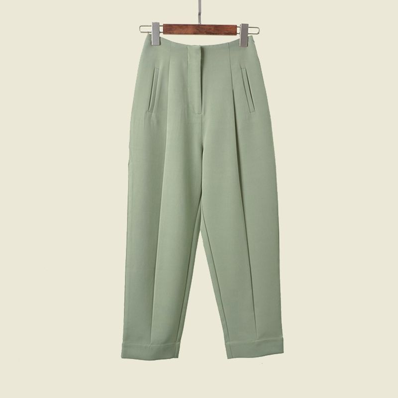 

Summer New Fashion Women s Clothing Casual Anti-Wrinkle High Waist Drooping Cropped Pants Texture Skinny Jeans Pure Color Suit Pants for Women Light green S