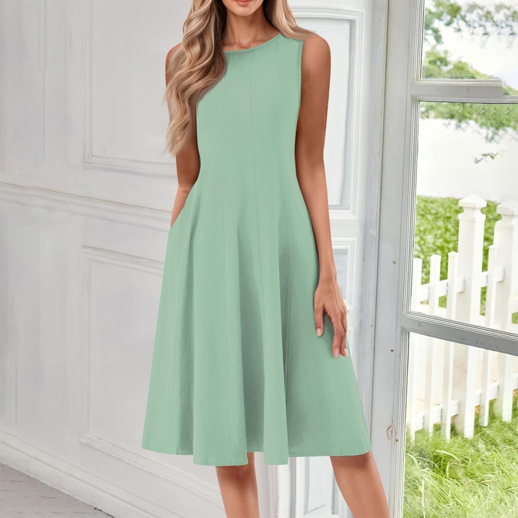 Women's Fashionable Round Neck Sleeveless Solid Color Casual Pullover Mid Length Dress