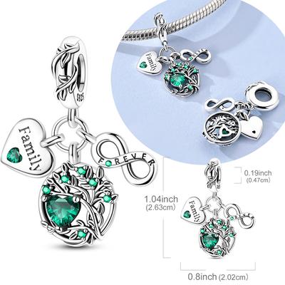 925 Silver Charm Bead Green Zircon Family Tree Pendant for Bracelet Necklace DIY Jewelry Gift