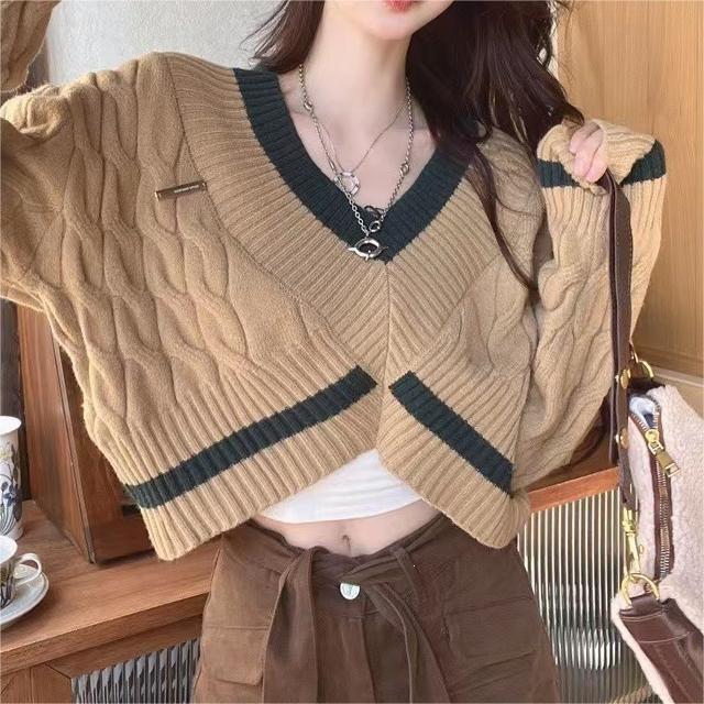 Korean Color Block V-Neck High Waist Knit Sweater for Women – Autumn Winter Trendy Lazy Style Cable Knit Outerwear Top