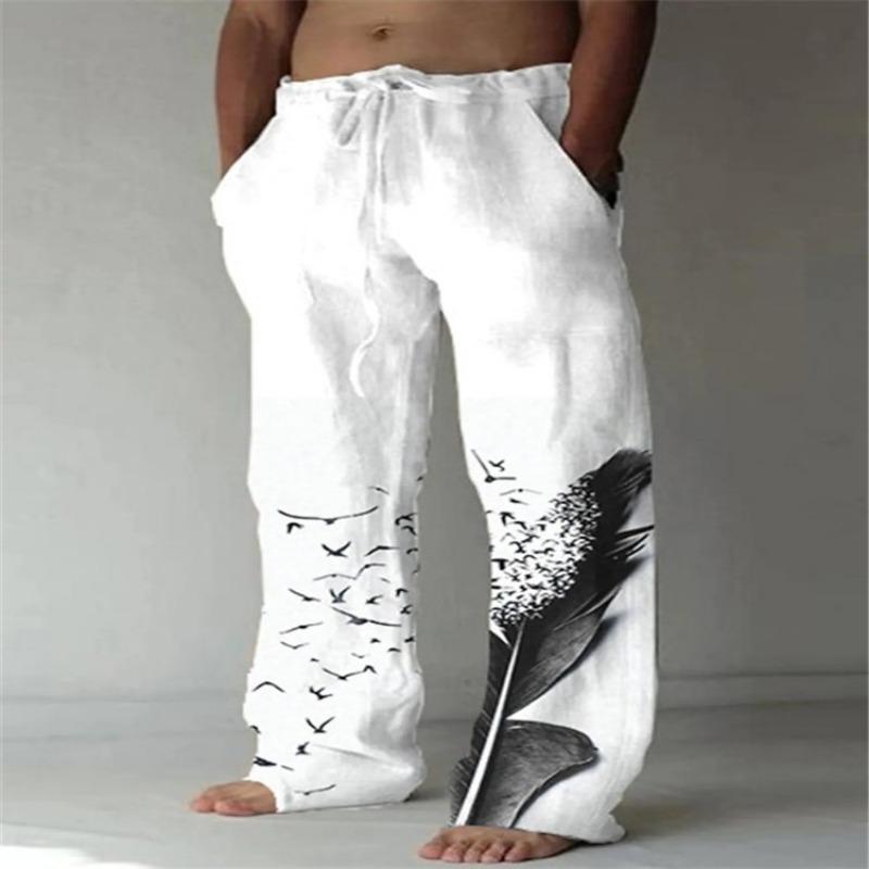 Men's New Cotton and Linen Printed Drawstring Elastic Trousers Casual Pants