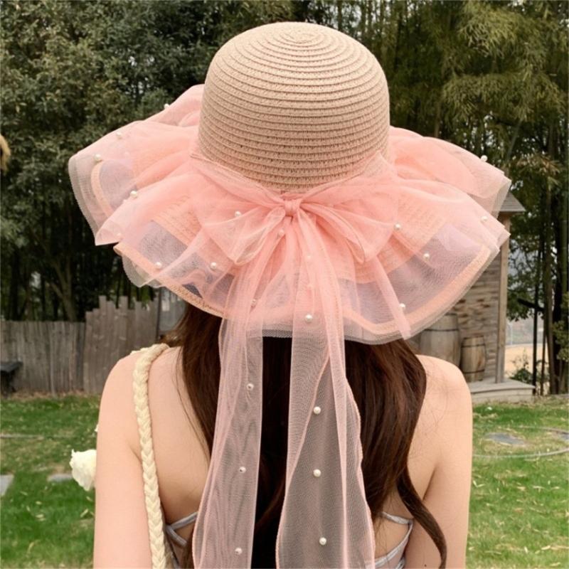 Elegant Sun Hat For Women Paper Straw Breathable And Foldable Lace Bowknot Wide Brims Panama Hat for Camping Travel