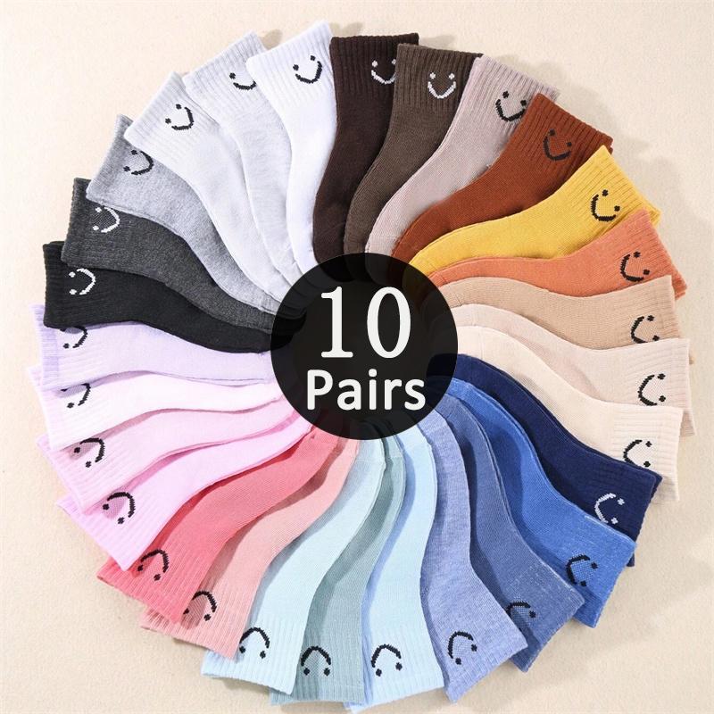 10 Pairs Kids Mid Calf Socks Cute Solid Smiley Face Pattern Unisex Boys Girls Comfortable Cotton Crew Socks 1-3 Years