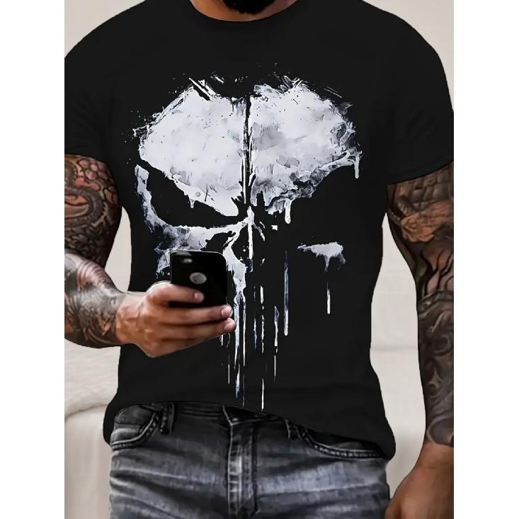 men's black cotton t-shirt with white skull graphic print, short sleeve crew neck casual top for everyday wear