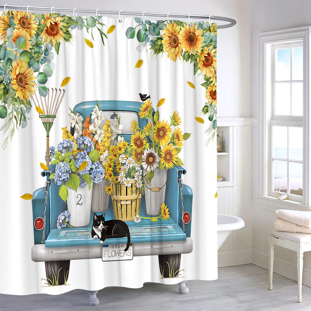 Rustic Sunflower Flower Butterfly Print Shower Curtain Vintage Floral Botanical Polyester Fabric Shower Curtains Bathroom Decor