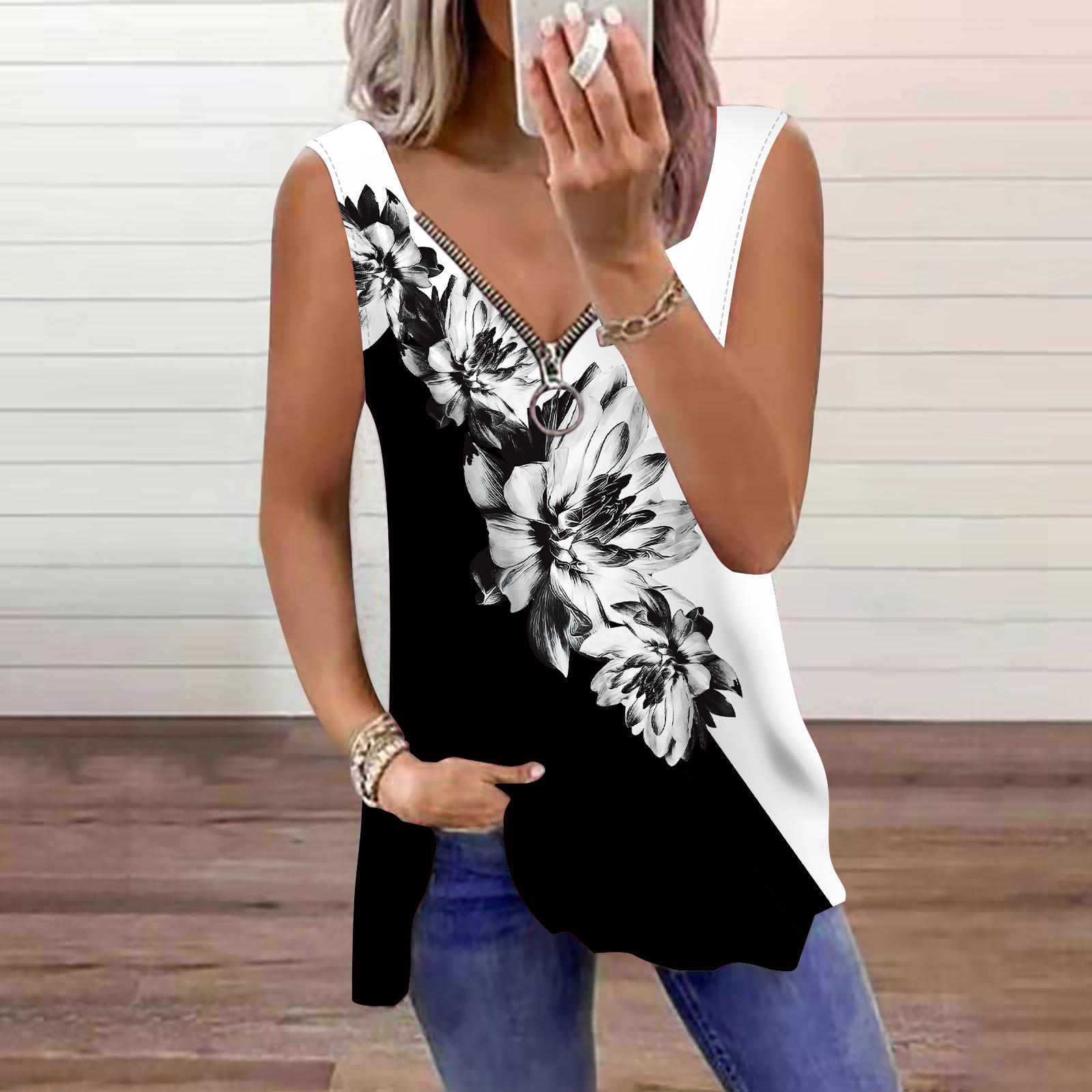 

Женский топ, летний, серый, с принтом цветка сливы, повседневный, большого размера, без рукавов, на молнии, с V-образным вырезом, майка L серый