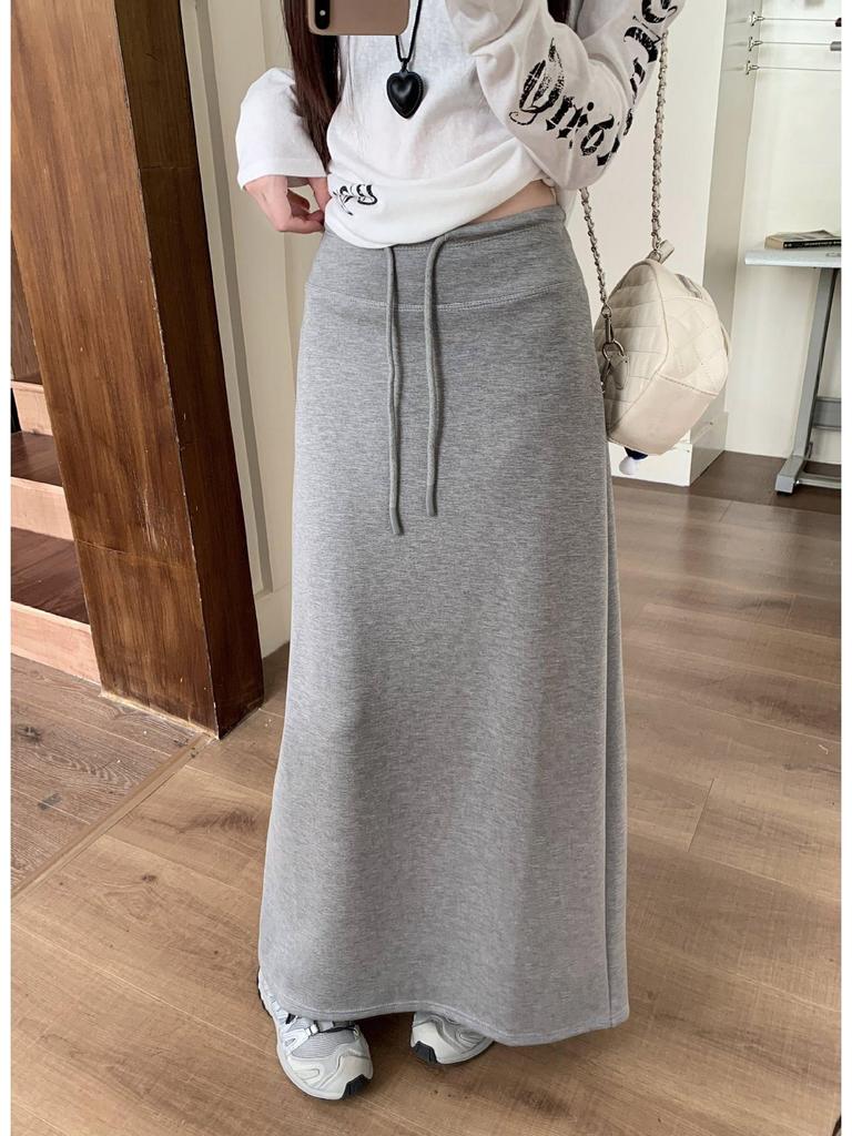 Retro Grauer Schnür-Schlankheits-Halbrock für Damen - Elastischer Bund, Gerader Schnitt, Hüftbetontes Design, Perfekt für den frühen Herbst 2025.