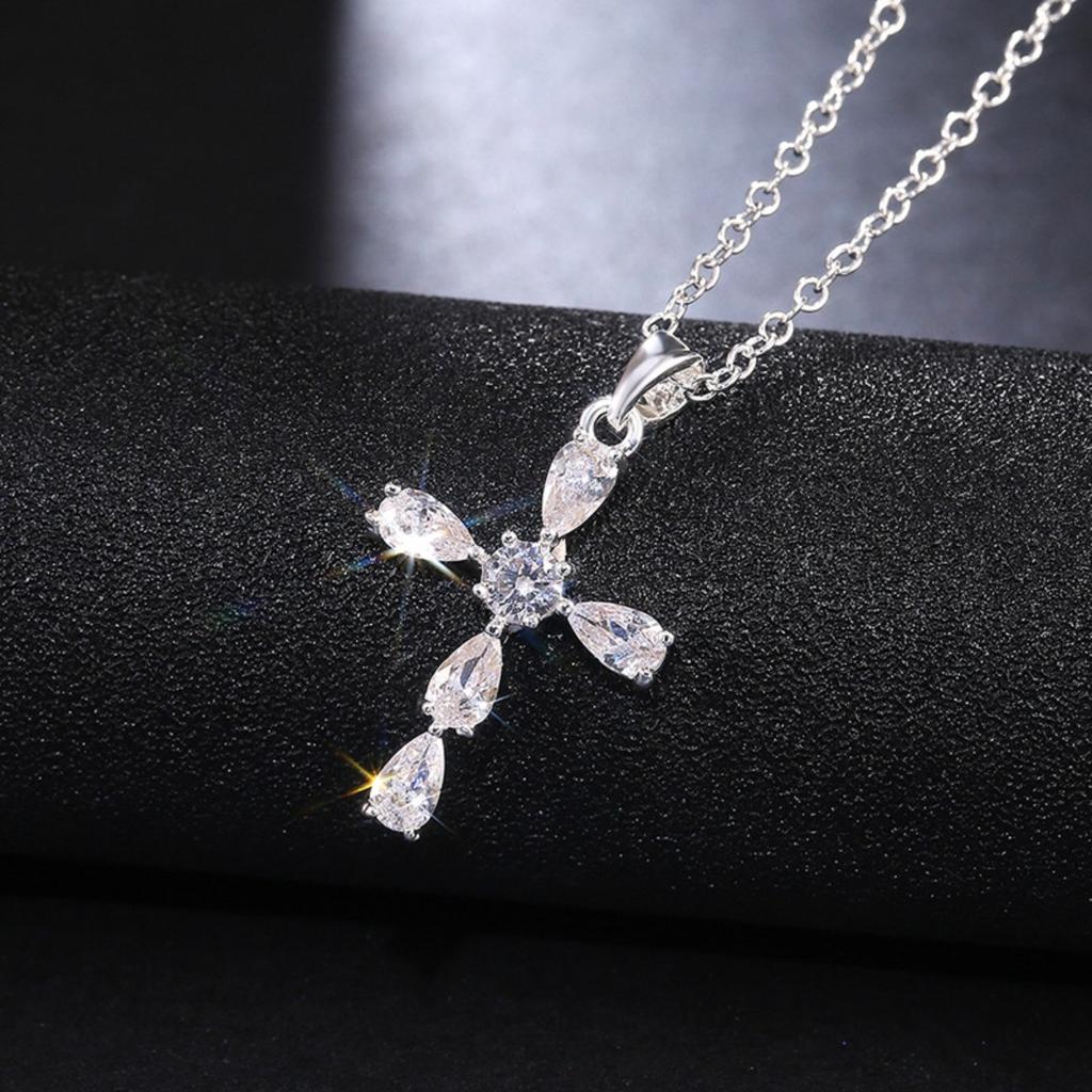 Women Teardrop Stone Cross Pendant Necklace with Central Round Stone Elegant Sparkling Religious Inspired Jewelry for Daily and Special Occasions