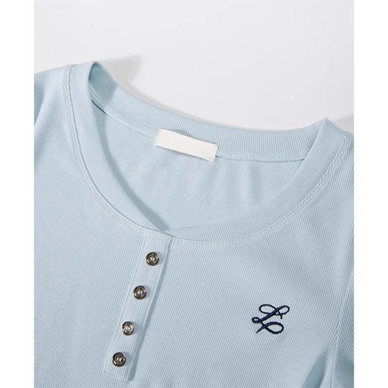 Milk Blue T-shirt Women's Bow Embroidered Bottoming Shirt Early Spring Card Waist Pinch Pleated Long Sleeve Inside Chic Top