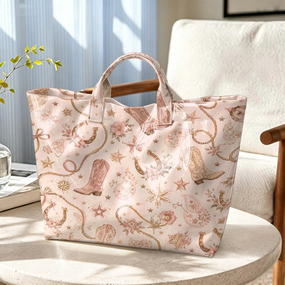 Women Pink Western Boots Print Tote Handbag, Bohemian Horseshoe Large Capacity Handbag, Country Style Daily Casual Purse