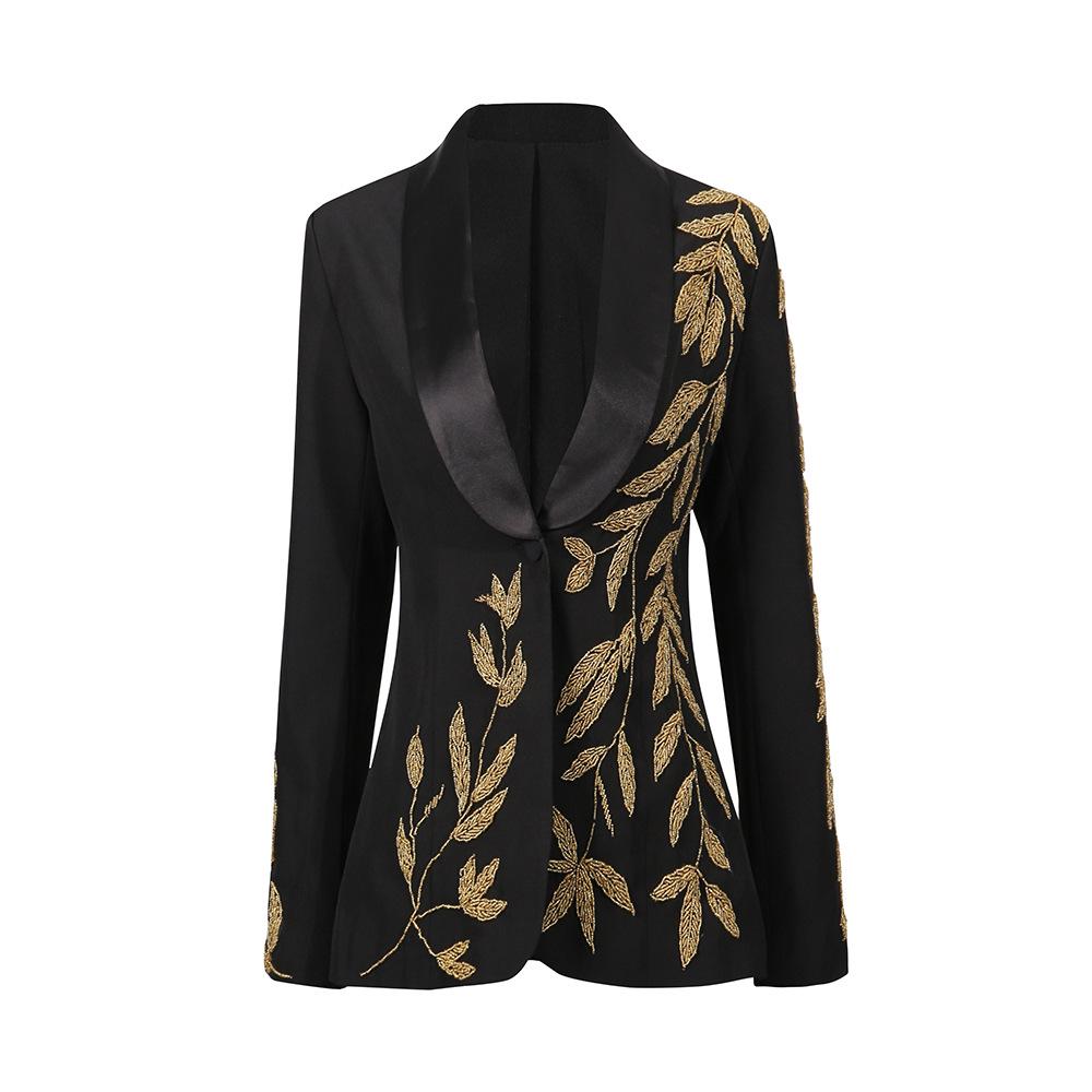 Женский европейский костюмный пиджак с лацканами и вышивкой колосьев, весна 2026 Medium чёрный