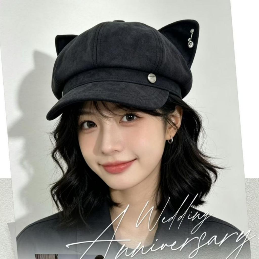 Cute cat ear beads decorative octagonal hat children autumn and winter literary versatile solid color beret casual painter hat