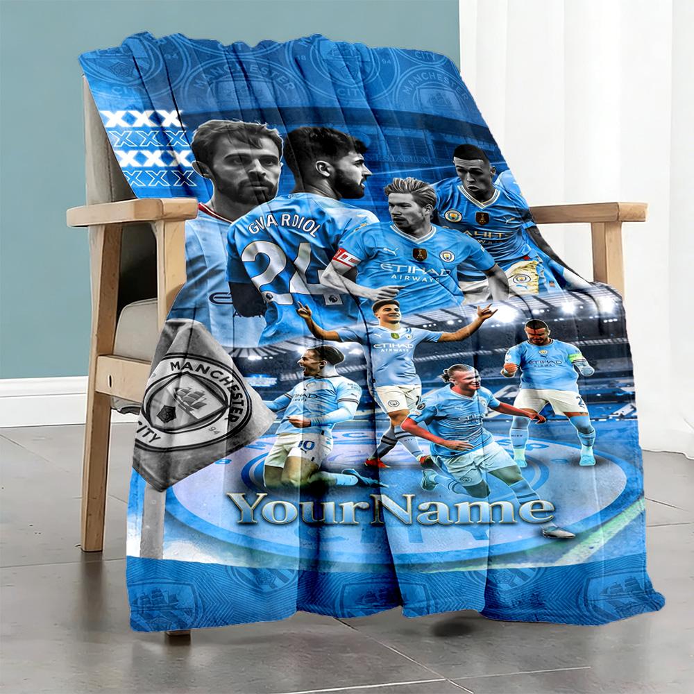 Manchester City Personalized Name Blanket Multi-purpose Customizable Blanket Soft Warm Cozy Perfect for Seaside Bed Home Decor Office Chair