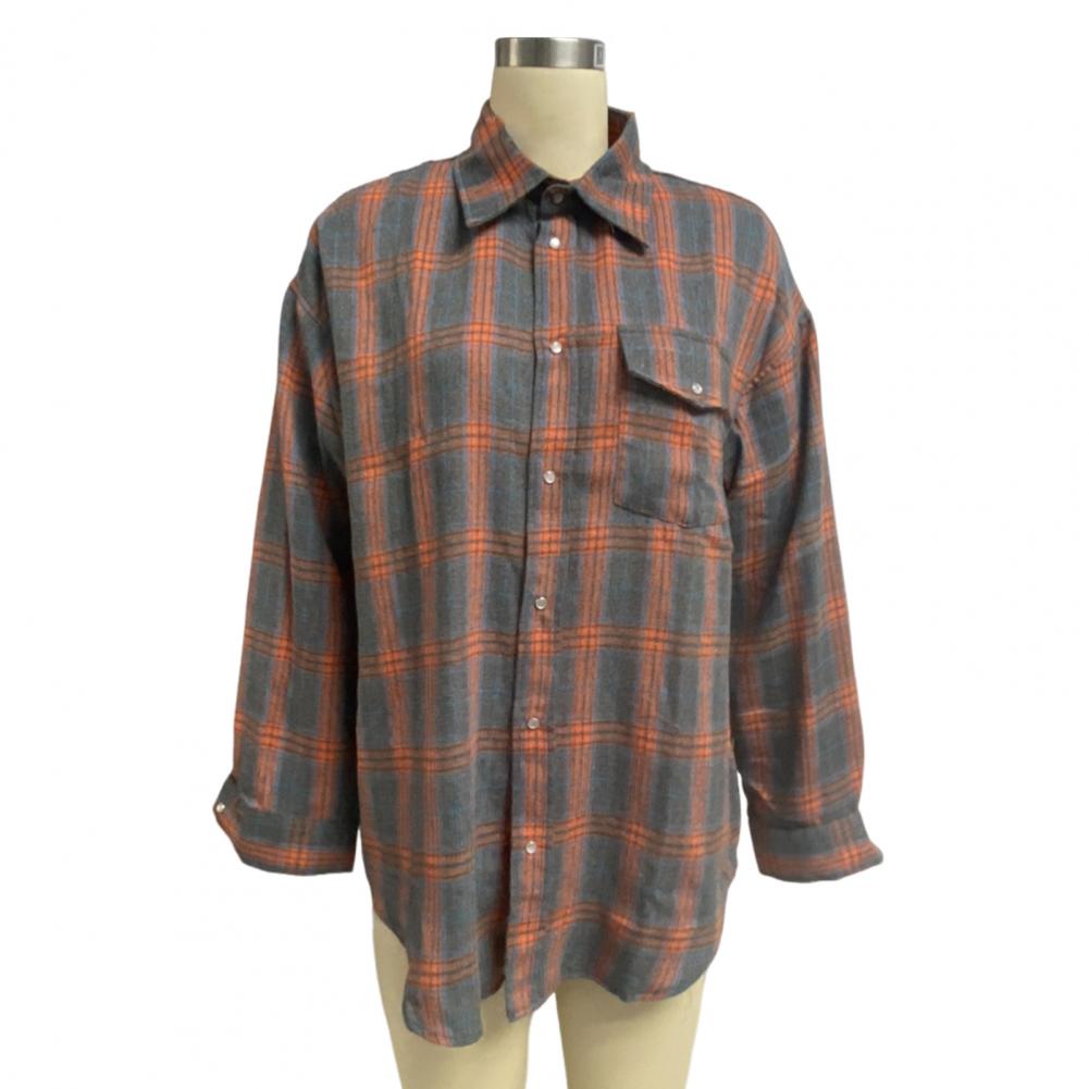 Women Shirt Lapel Long Sleeve Flap Pockets Single Breasted Shirt Plaid Print Loose Fit Breathable Comfortable Casual Fit Shirt