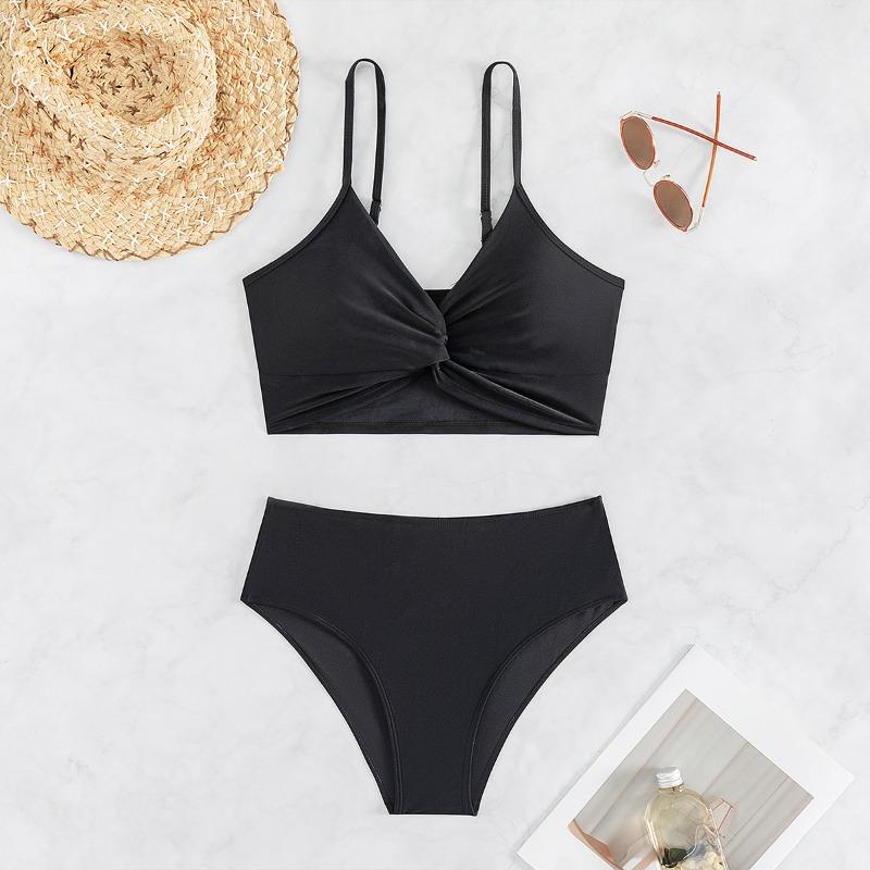Women's New Solid Color High-waisted Backless Sexy Bikini Two Piece Swimsuit