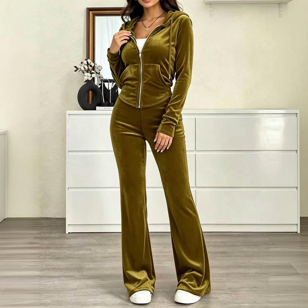 Women's Velour Two Piece Track Suit with Zip Up Hoodie and High Waisted Flared Pants for Casual Wear