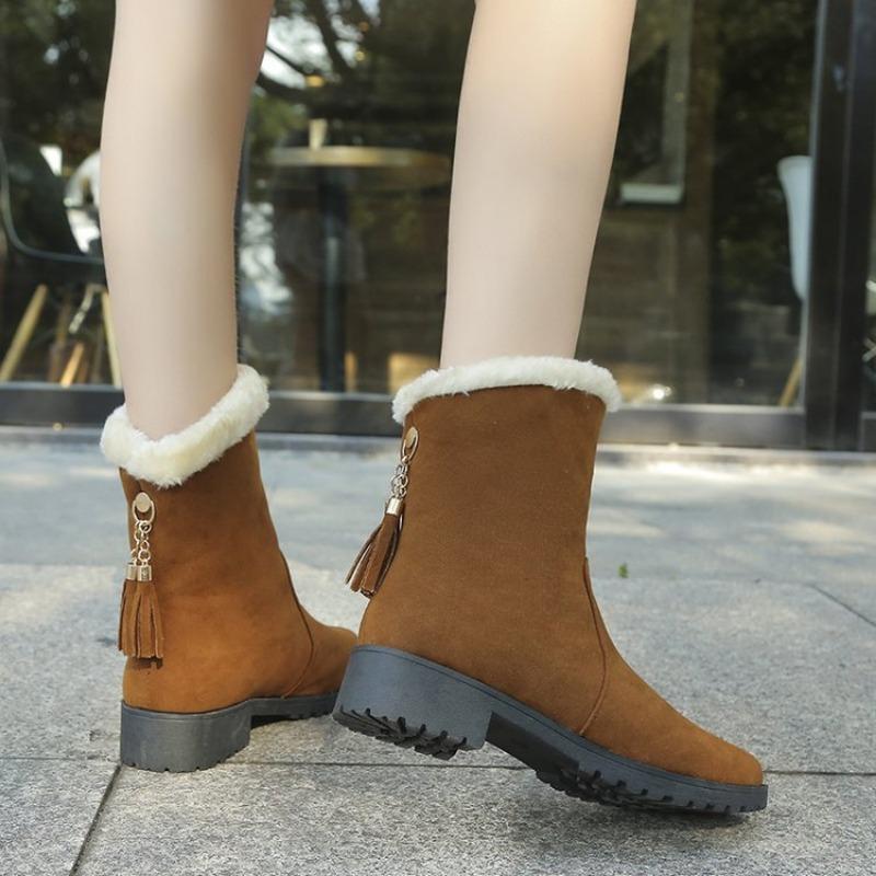 Winter rough bottom velvet warm medium boots women's wish fashion simple suede fringed snow boots