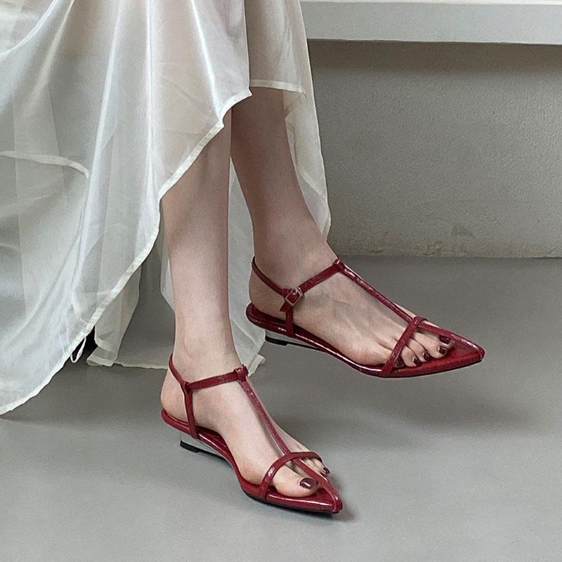 Fashion Pointed Toe Ladies Wedges Sandals Shoes Female Buckle Footwear Fashion T-Strap Women Wedges Heeled Sandals Shoes Pumps