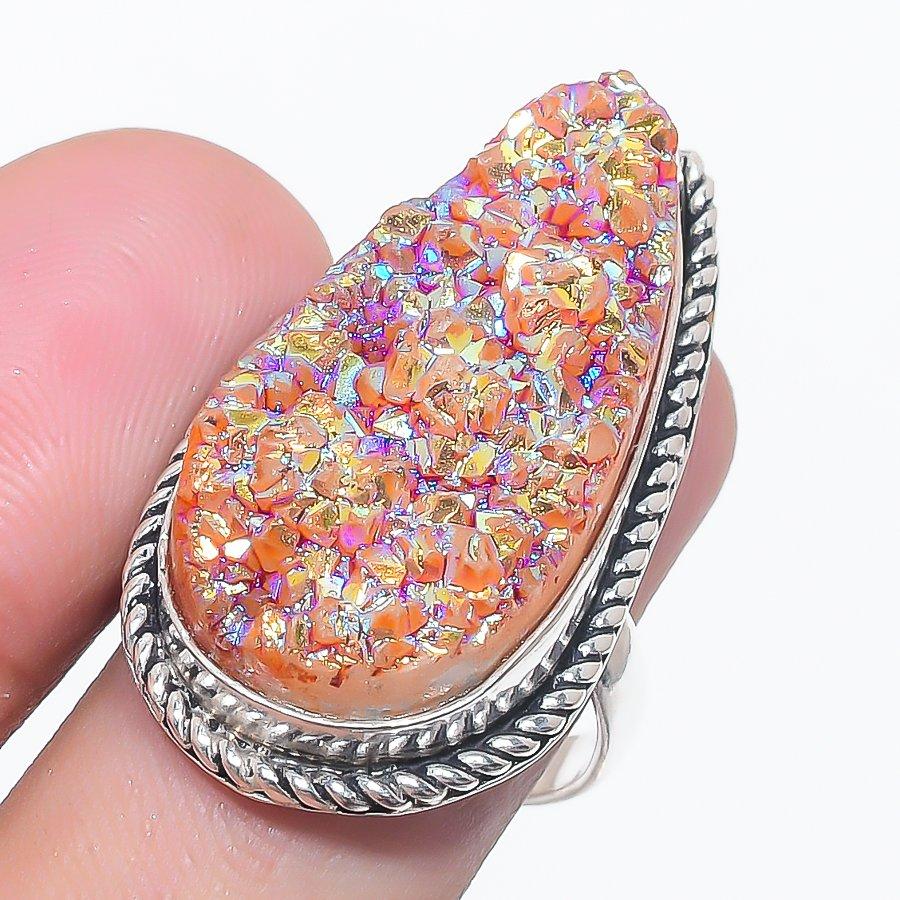 Orange Titanium Druzy Gemstone 925 Sterling Silver Jewelry Ring Size 8