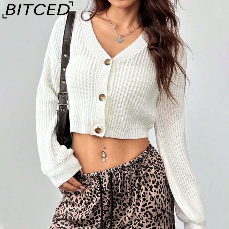 BITCED Women's Knitwear Autumn/Winter Minimalist Short-Length Button-Front Cardigan Sweater