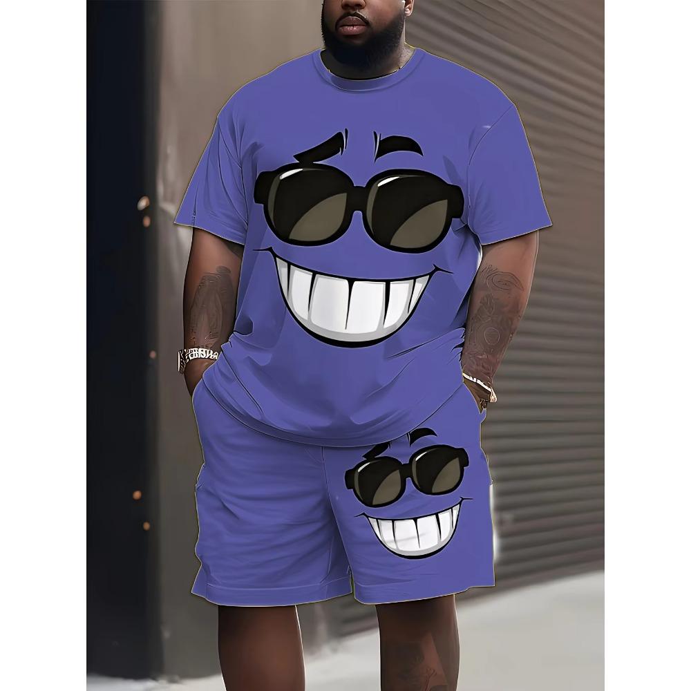 Summer Men's Creative Funky Expression 3D Printing Round Neck Short Sleeved Set Fashionable Comfortable Breathable Large Size Casual Sports Wear