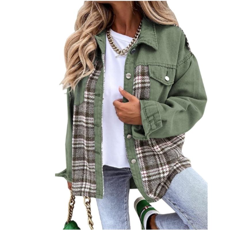 Women's Jacket Denim Jacket Long Sleeve Plaid Button Down Shirt Jacket Top