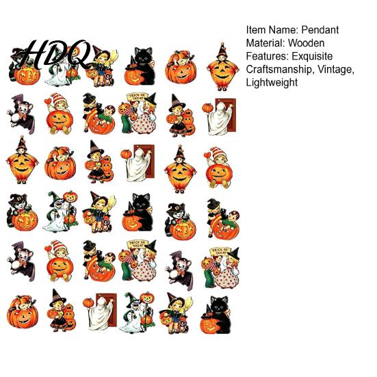 Retro Cartoon Style Party Favors Halloween Wooden Pendants with Lanyard Vintage Hanging Ornaments Pumpkin Ghost Black Bulk Decorations for Events Cat