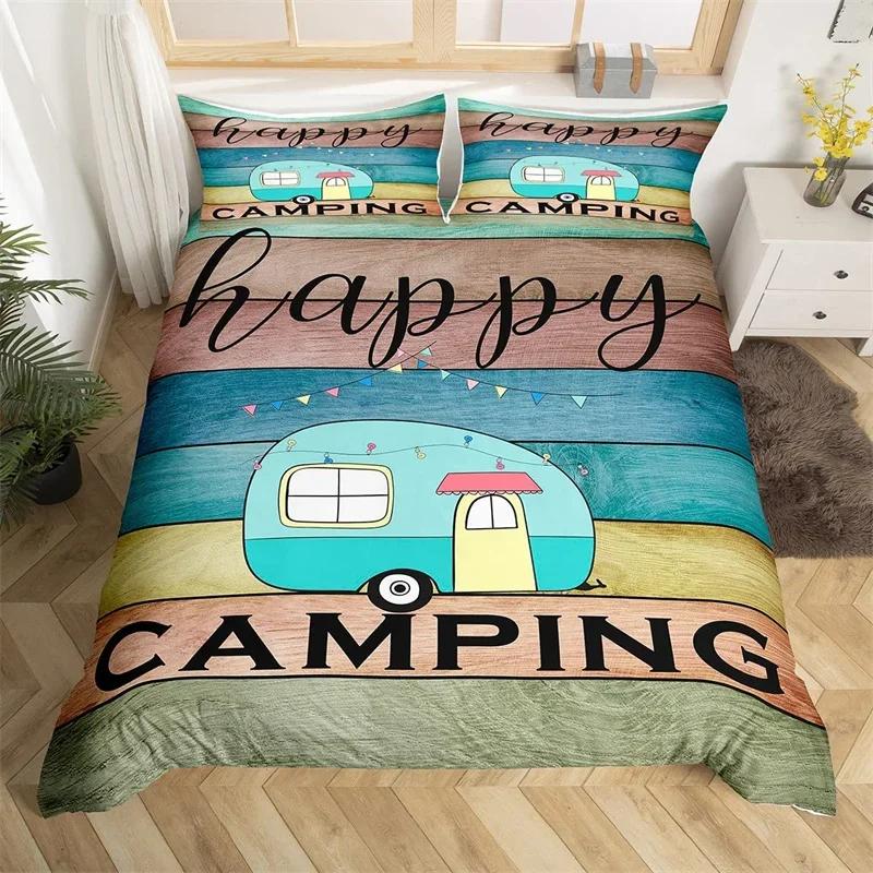 Happy Camping Duvet Cover Queen Twin Rv Camping Comforter Cover Camper Bedding Set Microfiber Bedspread Cover For Boys Girls