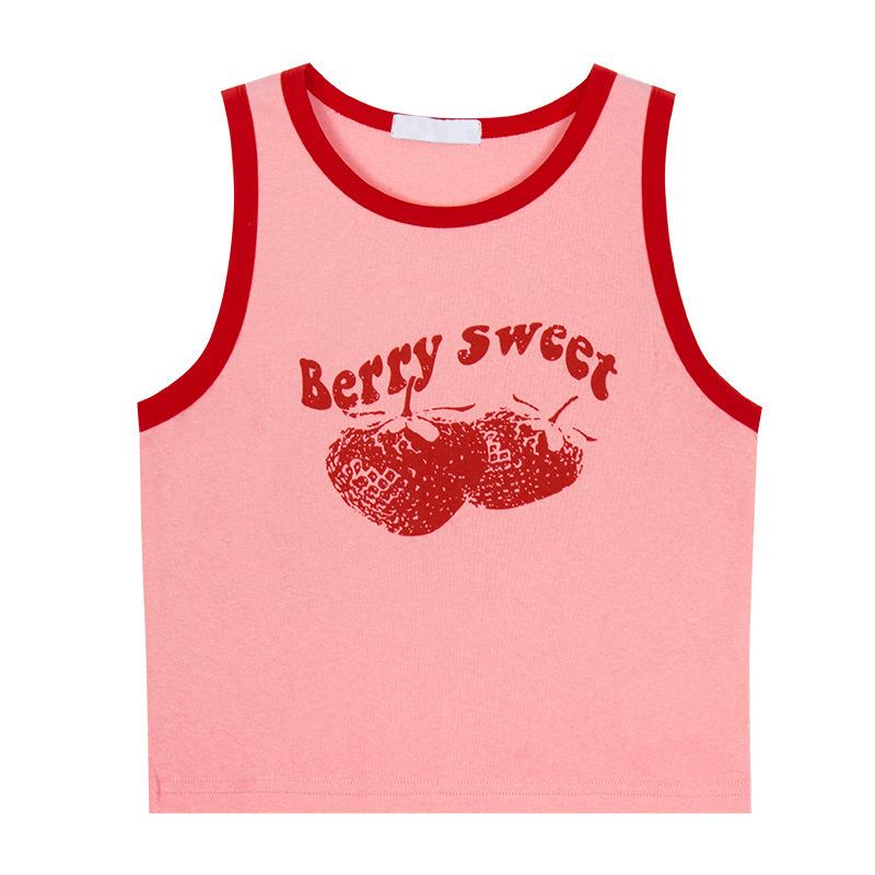European and American Instagram Retro Pink Strawberry Print Y2K Sexy Short Style Contrast Panel Sleeveless Spicy Girl Tank Top for Women