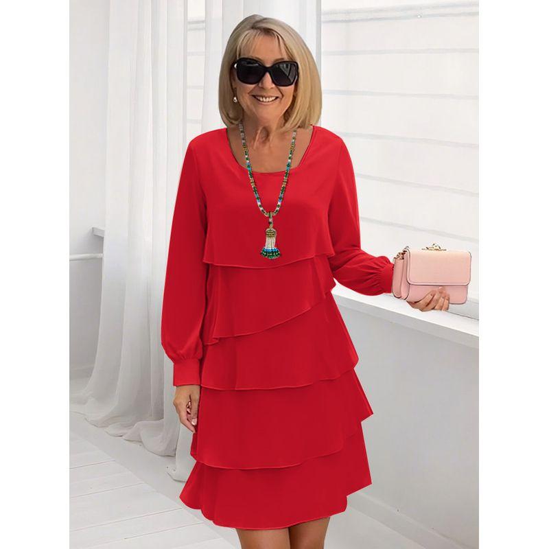 

Autumn Fashion Cake Skirt Elegant Loose Slimming round Neck Long sleeve dress Women Long-Sleeved Dress Red XXXL