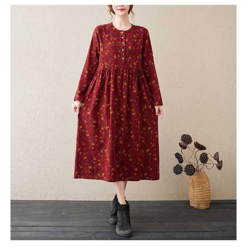 Neues bedrucktes Kleid im Ethno-Stil mit Rundhalsausschnitt und langen Ärmeln, locker