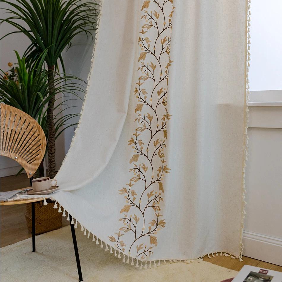 Cotton Linen Embroidery Curtains Road Pocket Shade Curtain Tassel for Kitchen Bedroom Living Room Bay Window Cabinet Curtain