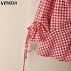 VONDA Women Summer V Neck Long Sleeve Drawstring Ruffled Plaid Casual Blouse