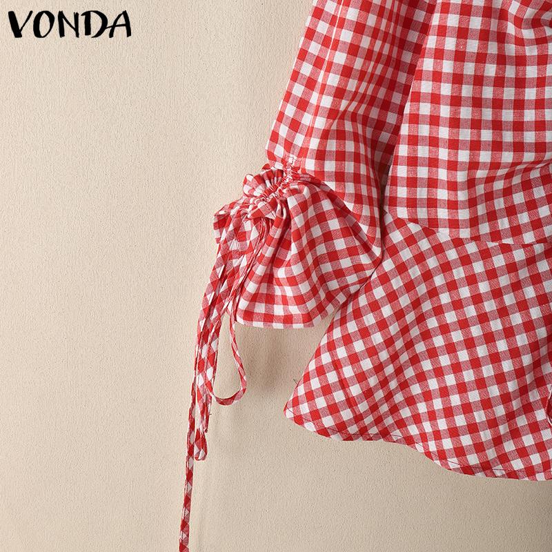 VONDA Women Summer V Neck Long Sleeve Drawstring Ruffled Plaid Casual Blouse