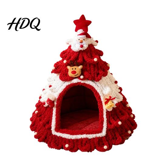 Felt Cat Bed Christmas Tree Cave Foldable Semi-Enclosed House Cozy House Warm Holiday Pet Hideaway for Indoor Cats Seasonal Home Decor Small