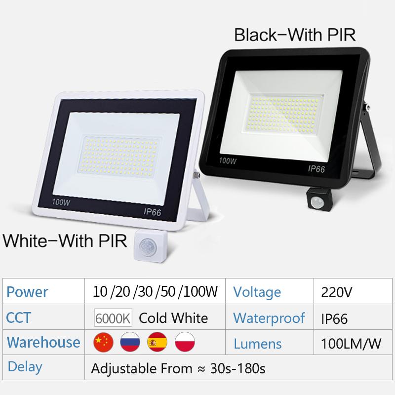 LED Floodlight PIR Motion Sensor 220V 10W 20W 30W 50W 100W Cold Warm White Reflector Waterproof IP66 Outdoor Induction Lighting