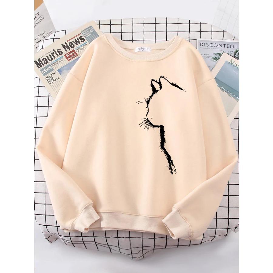 Simple Strokes of Cat Pet Print Hoody Womens Shoulder Drop All-match Hoodies Simple S-XXL Hoodie Street Quality Clothing Female