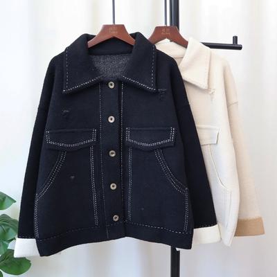 Autumn and Winter New Lapel Design Sense Niche Knitted Double-sided Woolen Cardigan Temperament Sweater Jacket Women