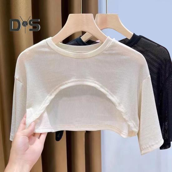 Bluzki z filtrem przeciwsłonecznym damskie z krótkim rękawem i okrągłym dekoltem T-shirt w jednolitym kolorze Cienkie z efektem perspektywy Styl swetra Casual Tops