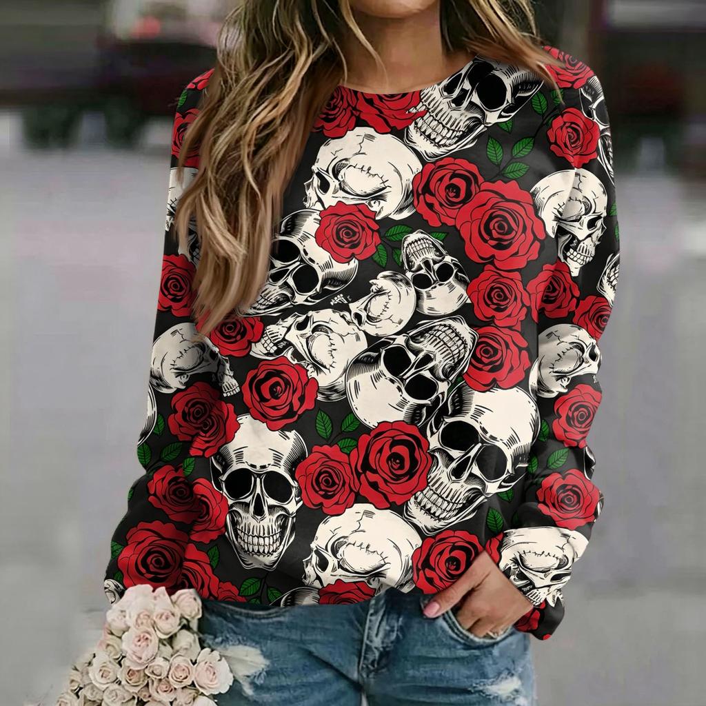 Women's Casual Neck Long Sleeve Raglan Halloween Print Sweatshirt