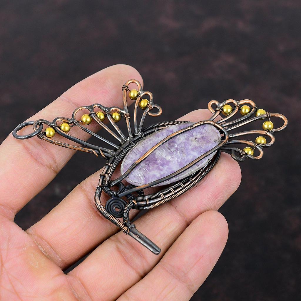 Lepidolith Anhänger Kupferdraht gewickelter Schmuck Edelsteinanhänger Kupferdrahtwicklung Vogelanhänger Eleganter Schmuck Handgefertigter Anhänger Geschenk für Ihn