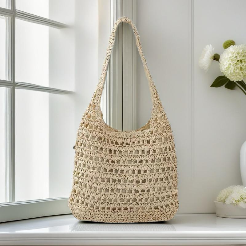 Versatile One-shoulder Straw Woven Bag, New Handmade Hollow Woven Bag, Tote Bag, Large-capacity Bag, Women's Portable Beach Bag.