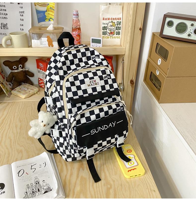Girls' Korean Checkerboard Colorblock Lightweight Casual Backpack - Large Capacity for Middle & High School Students